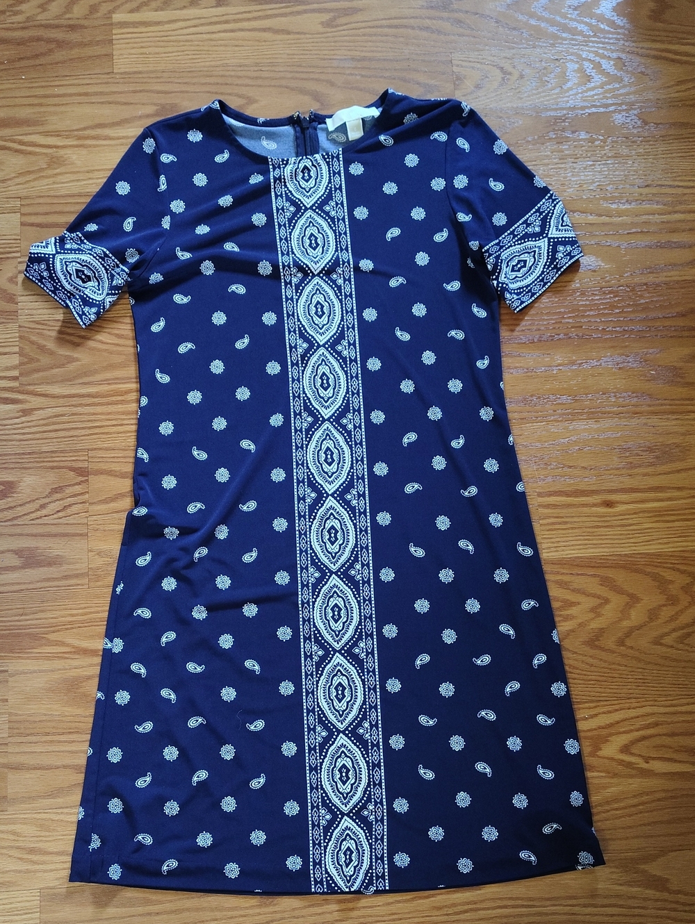 Michael Kors Navy and White Paisley-Print Shift Dress Size Small